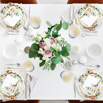 Whaline 100Pcs Pink Floral Paper Tableware Set Spring Flower Gold Foil - Image 5