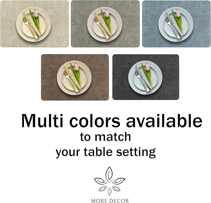 More Décor Faux Leather Placemats Set of 6 for Dining Table – Waterproof, Wipeable, Washable, Stain & Heat Resistant, Non-Slip Table Mats – 12 X 17 Inch, Brown