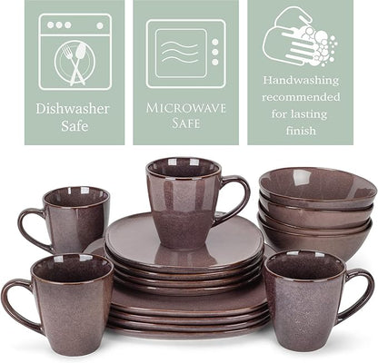 Elanze Designs 16-Piece Modern Luxury Chic Smooth Vintage Handmade Shape High Gloss Ceramic Stoneware Square Plate Mug & Bowl Kitchen Dinnerware 16 Piece Set - Service for 4, Plum Purple