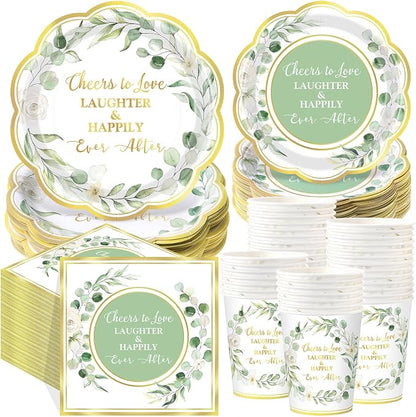 Funnymoom 250 Pcs Cheers to Love Sage Green Gold Eucalyptus Party Plates | by Funnymoom