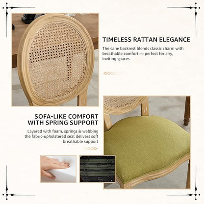 Vintage French Rattan Dining Chairs Set of 6, Round Back Accent Chairs with Rattan Backrest and Upholstered Linen Seat, Solid Frame Wood Sillas de Comedor for Dining Room & Kitchen, Olive Green