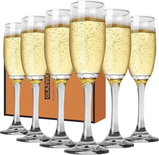 Champagne Flutes Glasses Set of 6-6oz Elegant Crystal Glass, Classic Long Stem Clear Champagne Flute Gift for Wedding, Anniversaries, Parties, Birthday, Restaurant, Home Bar