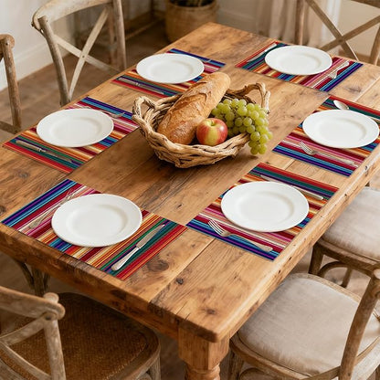 Mexican Placemats Set of 6, Waterproof Linen Fabric, Non-Slip Backing & Easy Clean, Elegant Dining Table Protectors for Family and Guests(Mexican Ethnic Colorful Stripes)