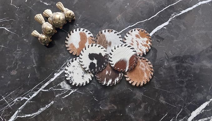 Cowhide Coasters Set of 6 pcs Round Natural Cowhides Drink Pads Hair On Genuine - Image 4