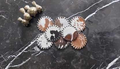 Cowhide Coasters Set of 6 pcs Round Natural Cowhides Drink Pads Hair On Genuine - Image 4