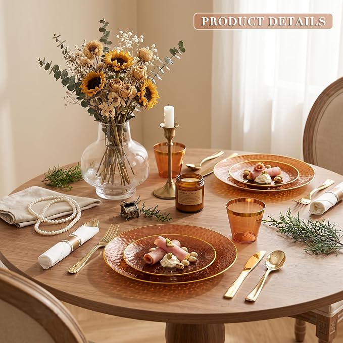 Rubtlamp 700Pcs Amber Gold Plastic Dinnerware Set, Hammered Clear Gold Plates - Image 5