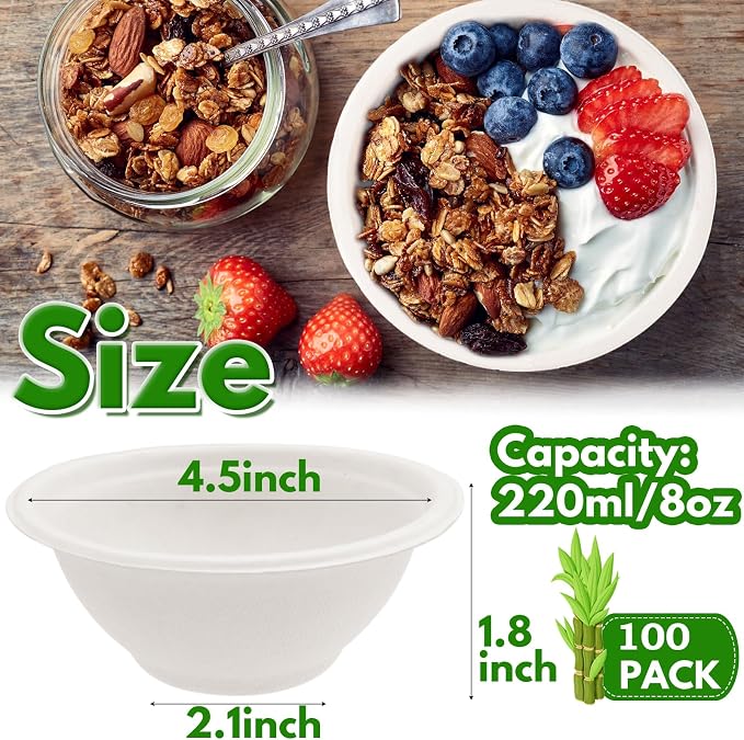 100 Pack 8 oz Disposable Paper Bowls, Heavy-Duty Compostable Bagasse Bowls | - Image 2