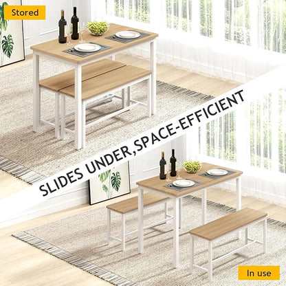Rovibek Dining Table Set for 4 with 2 Benches – Space-Saving Kitchen Table Set for Kitchen & Dining Room, White