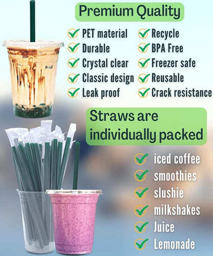 12 oz Clear Plastic Cups with Lids and STRAWS, Disposable Drinking Cups - Image 2