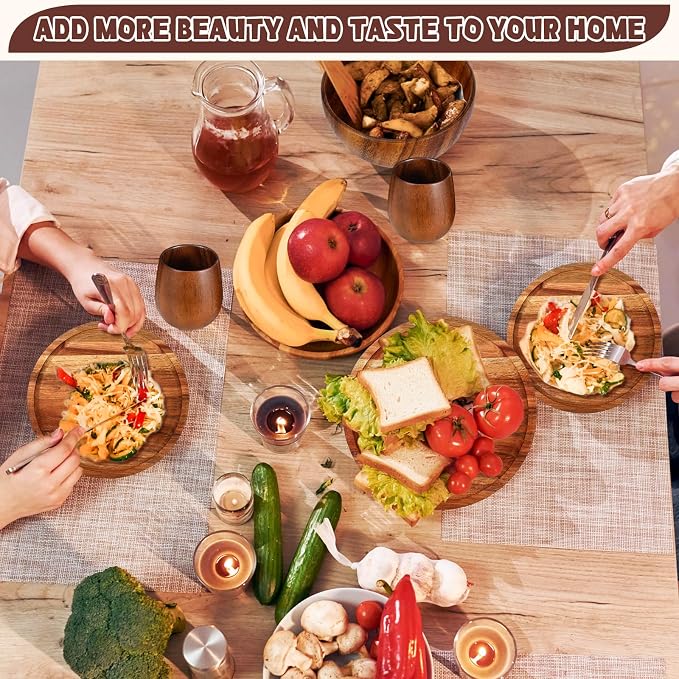 16 Pcs Acacia Wood Dinnerware Set, Round Wooden Plates, Solid Wooden Bowls and - Image 6