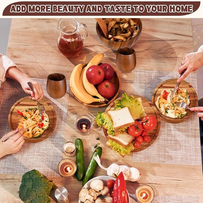 16 Pcs Acacia Wood Dinnerware Set, Round Wooden Plates, Solid Wooden Bowls and - Image 6