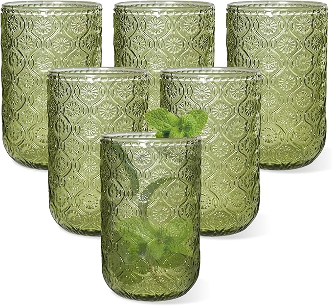 Green Vintage Drinking Glasses Set of 6, 14 oz hobnail drinking glasses by Unknown