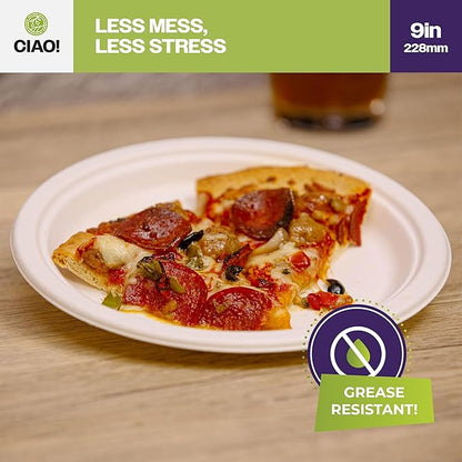 CIAO! 9" Heavy Duty Plate 100% Compostable PFAS Free Unbleached Bagasse Natural White (Pack of 500)