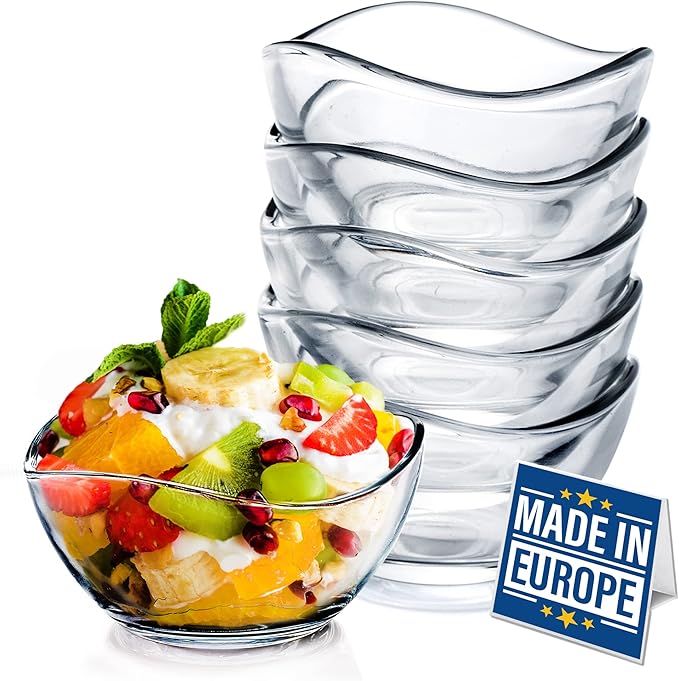 Volarium CRYSTALIA Small Glass Bowls for Kitchen Prep, Modern Round Serving Dishes for Dessert, Salad, Fruit, Pudding, Candy, Cereal, Ice Cream, Stackable Bowls Set of 6 (Medium 7 1/4 oz)