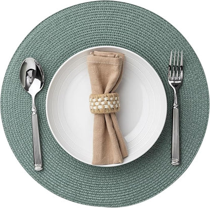 Round Placemats Set of 4 Plastic Woven Placemats Washable Wipeable Table Mats for Dining Table Heat Resistant Non-Slip Circle Place Mats (Dusk Green)