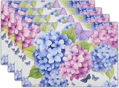 Hydrangea Placemats Set of 4 - Floral Place Mats 12 x 18 Inch Pink Purple Hydrangea Flower Table Mats Spring Summer Butterflies Placemats for Dining Kitchen Party Farmhouse