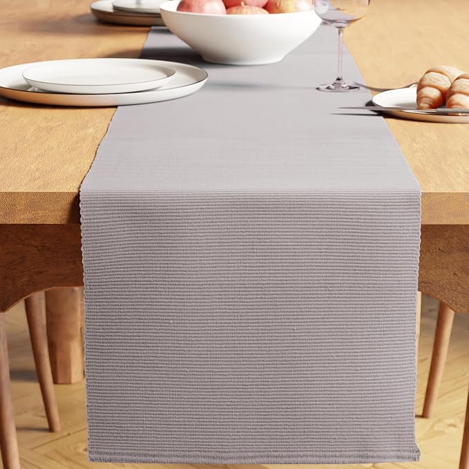Encasa XO Table Runner, Yarn Dyed Ribbed Cotton 13"x72" | Light Grey, 12-Ply by EncasaXO