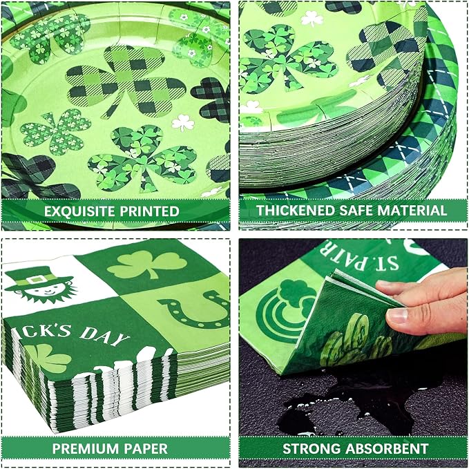 180PCS St.Patrick's Paper Plates and Napkins Party Supplies Serve 60 | Shamrock - Image 3