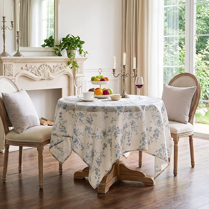 jinchan Blue Farmhouse Floral Linen Square Table Cloth 52 x 52 Inch | Rustic by JINCHAN