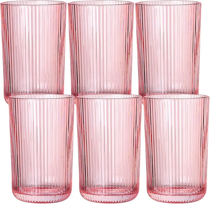 Pink Ribbed Highball Glasses Set of 6, 13.2oz Pink Colored Glassware, Drinking by Vintacicle