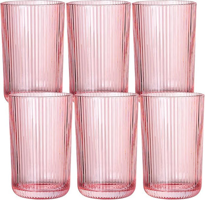 Pink Ribbed Highball Glasses Set of 6, 13.2oz Pink Colored Glassware, Drinking by Vintacicle