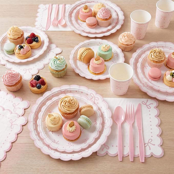 Natnarr 25 Set Pink Bow Birthday Decorations Cute Bow Plates Napkins Set | 9" - Image 6