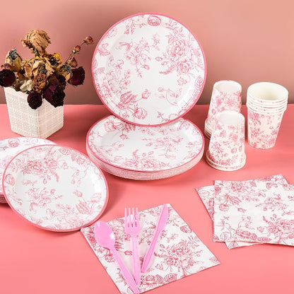 175Pcs Pink Floral Paper Plates and Napkins 25 Guests Pink White Toile - Image 7