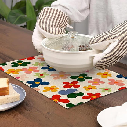 6 Pcs Placemats,Vintage Groovy Flowers Placemat,Colorful Table Mats Washable Recyclable Table Placemats for Indoor Outdoor Heat Resistant Kitchen Dining 12"x18"