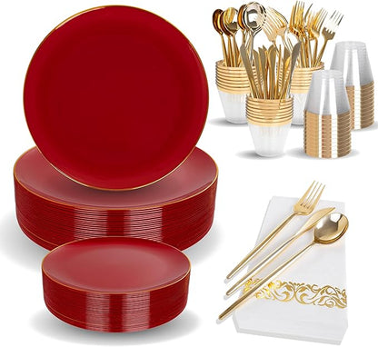 MirthMood 210pcs Red Plastic Plates,Disposable Red Gold Party Plates,Include 30 Dinner,Dessert Plate,30 Cup&30 Napkins, 90 Gold Silverware for Wedding & Party & Birthday（Plum Red）