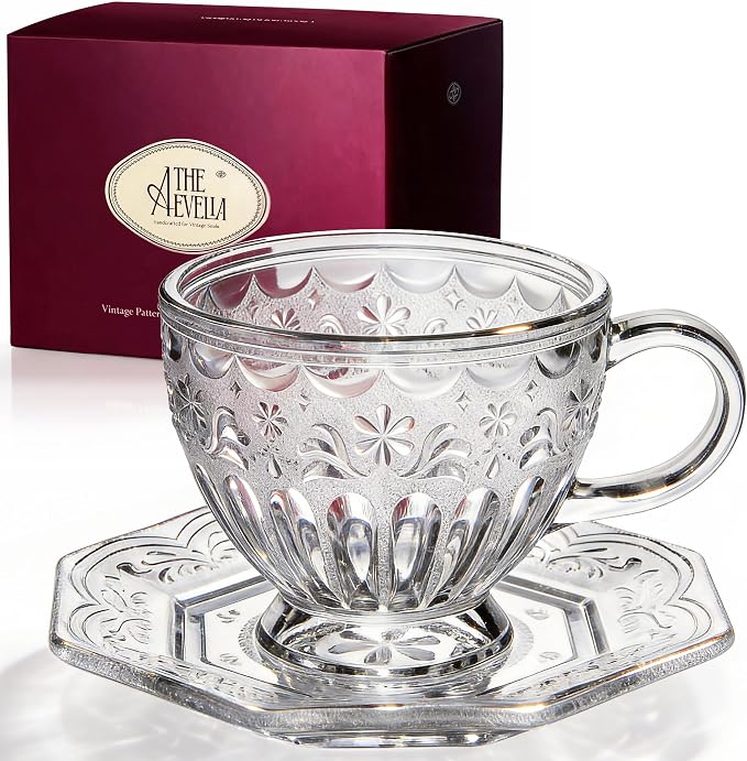 Vintage Glass Tea Cup and Saucer Set, 12 oz Large Coffee Cup | Handcrafted by Unknown