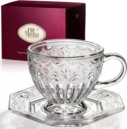 Vintage Glass Tea Cup and Saucer Set, 12 oz Large Coffee Cup | Handcrafted by Unknown