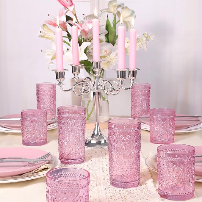abrwyy Pink Glassware set of 4, Vintage Drinking Glasses, 10oz Pink Heavy Duty - Image 6