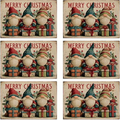 Table Placemats Set of 6, Waterproof Linen Fabric, Non-Slip Backing & Easy Clean, Elegant Dining Table Protectors for Family and Guests (Vintage Christmas Gnome)