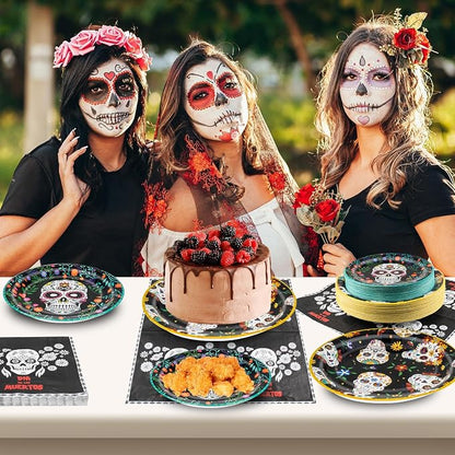 180Pcs Day of the Dead Party Supplies Paper Plates and Napkins Serve 60 | - Image 6