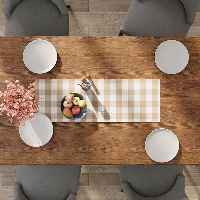 Encasa XO Table Runner, Woven Cotton Dining Runner 13"x36" Buffalo Beige Checks - Image 4