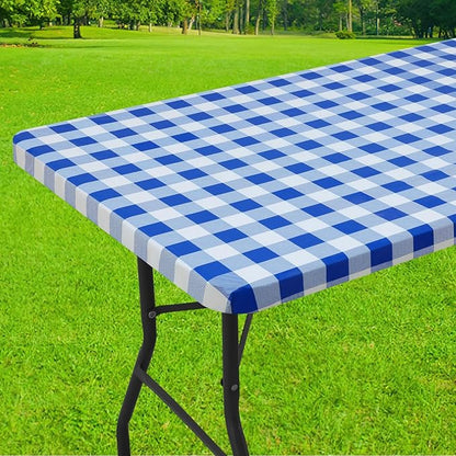 Smiry Rectangle Picnic Table Cloth, Elastic Waterproof Fitted Vinyl Tablecloths, Flannel Backed Buffalo Plaid Table Covers for Dining, Camping, Outdoor (White and Blue, 30" x 60")