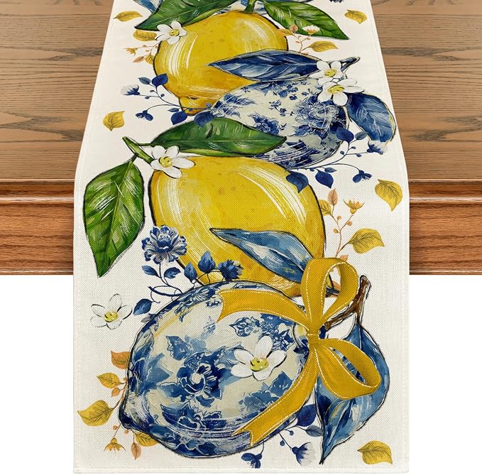 Artoid Mode Chinoiserie Lemon Bow Flowers 210 GSM Summer Table Runner, Seasonal by ArtoidMode