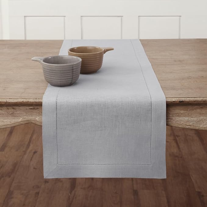 Solino Home 100% Pure Linen Dining Table Runner Grey Hemstitch, 14 x 132 in | by SolinoHome