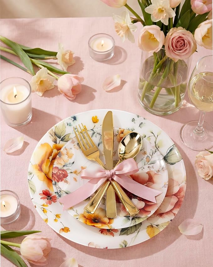 Morejoy 60pcs Floral Plastic Plates, Fancy Disposable Plates Sets | Heavy Duty - Image 6