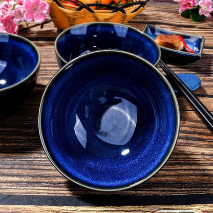 Ceramic Rice Bowl Set of 4, Streaky Blue Reactive Kiln Glaze Porcelain Sauce - Image 4