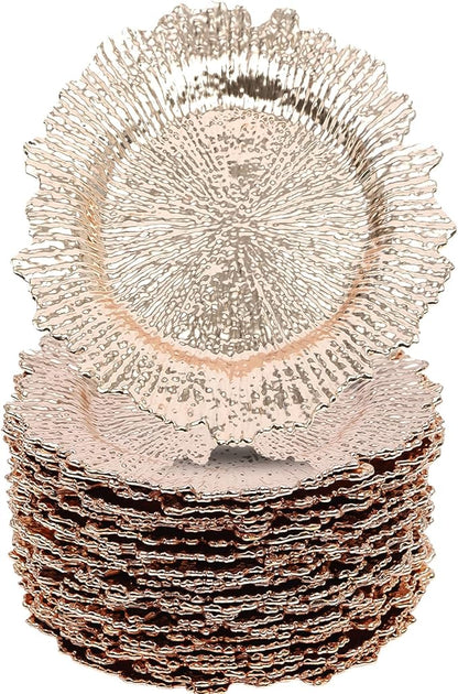 LOYALHEARTDY 24 Pack 13 Inch Rose Gold Charger Plates, Plastic Reef Textured Rim Round Decorative Underplates for Wedding, Party, Dinner Table