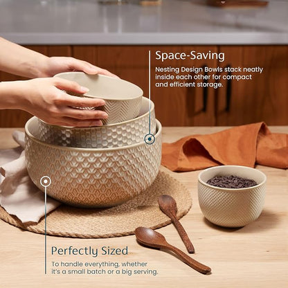 KooK Ceramic Mixing Bowls, Nesting Set of 4, Embossed Kitchen Dishware - Image 3