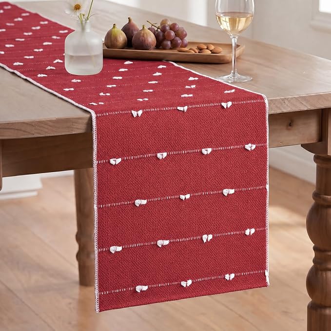 Artoid Mode Red Farbic Rustic Cotton Woven Table Runner, Farmhouse Christmas - Image 2