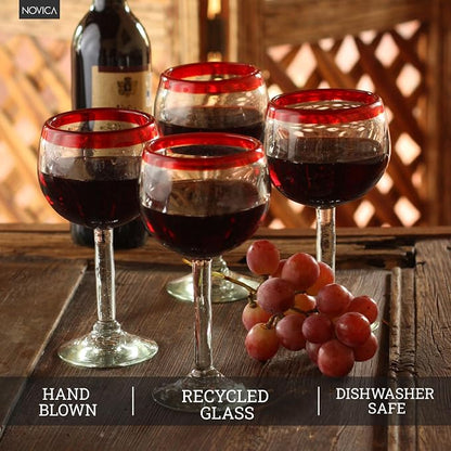 NOVICA Hand Blown Clear Red Recycled Glass Wine Glasses, 12 Oz 'Ruby Globe' - Image 4