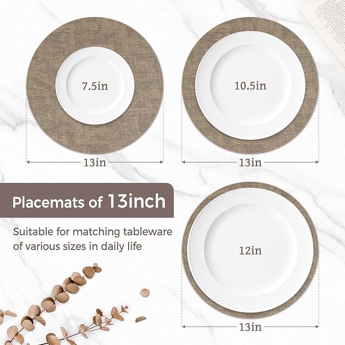 13" Round Placemats Set of 6, Reversible Faux Leather Heat Resistant Table Mats - Image 2