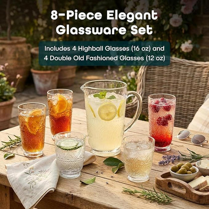 Vintage Drinking Glasses Set of 8 Elegant Glassware Set, 4 Highball Glasses 16oz - Image 4
