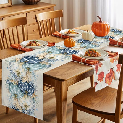 Blue Pumpkins Table Runners 72 Inches Long, Fall Thanksgiving Cotton Linen - Image 7