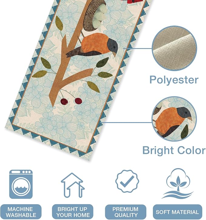 Seliem Spring Summer Birds Blue Table Runner, Cardinal Chickadee Bluebird | - Image 3