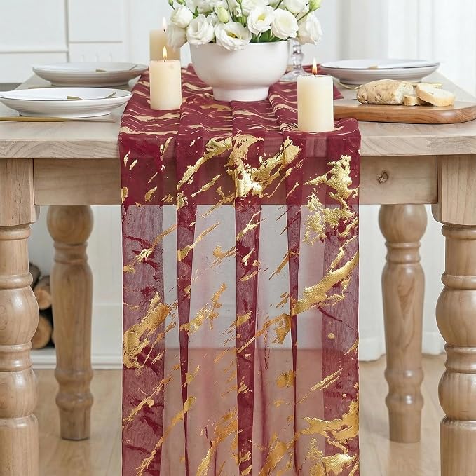 Artoid Mode Marble Pattern Burgundy Gauze Table Runner 10FT, Glitter Metallic - Image 2