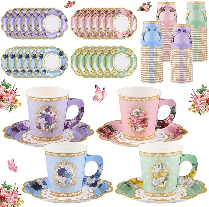 NatNarr 128 Pcs Disposable Paper Tea Cups, 7 OZ Floral Tea Party Cups | by NatNarr